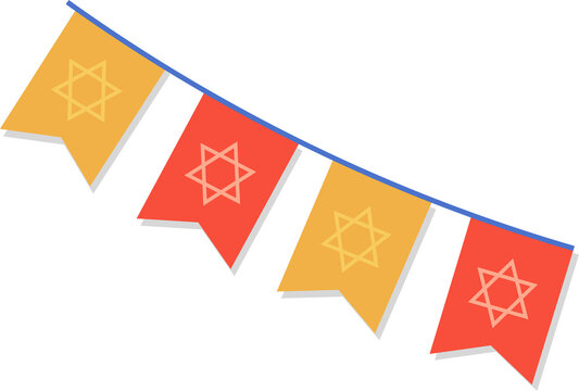 Naklejki Flat design is showing blue cord hanging 4 red-yellow pennants with 6-point stars on clear backdrop