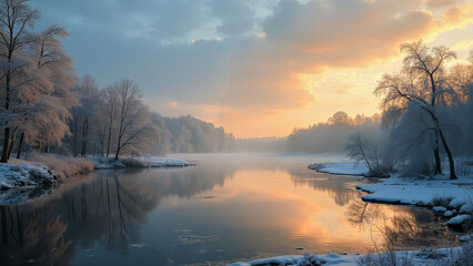 Serene Winter River at Sunrise