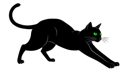 Vector illustration of a black cat with green eyes, stretching gracefully. An elegant, modern, and stylish representation of a domestic pet.