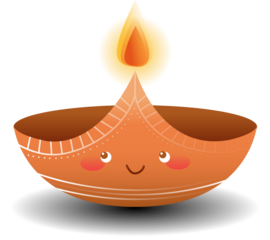 Cartoon-style clay oil lamp glowing with smiling face and rising flame on transparent backdrop