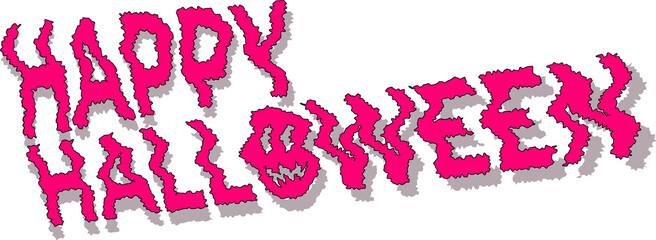 Flat magenta Halloween greeting is floating on transparent background, pumpkin face in O, shadows