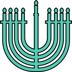 Hanukkah menorah is featuring nine teal candles and flames in vector, transparent background