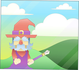 Cartoon wizard with red hat and staff is standing before green hills on transparent background