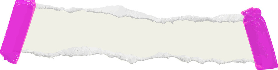 Ripped paper strip is floating held by magenta tape strips on transparent flat design background