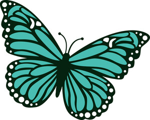 Decorative butterfly flat graphic showing turquoise wings, black outlines on transparent background