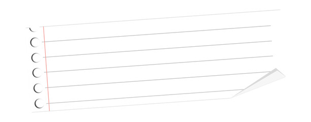 Notebook paper is floating on transparent background, showing margin line and folded corner