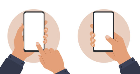 Vector illustration of hands holding a smartphone with a blank white screen. A clean mockup for showcasing mobile app interfaces or digital content.