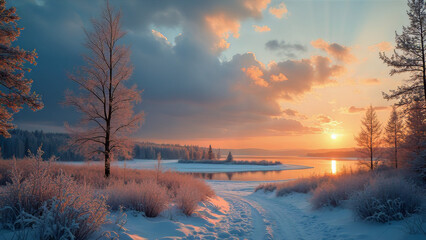 Serene Winter River at Sunrise
