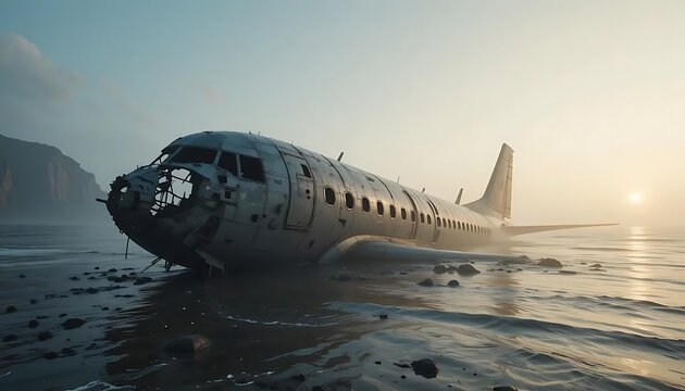 Plane Wreckage on Black Sand Beach at Sunrise