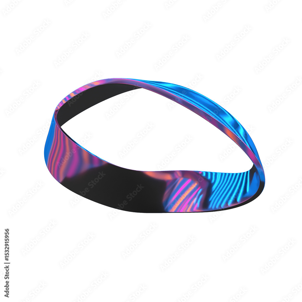 Poster 3d abstract ribbon loop is floating above transparent void with metallic neon gradient stripes