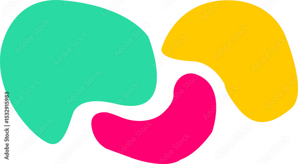 Poster trio of colorful blobs is floating on transparent backdrop, showing flat design minimal abstraction