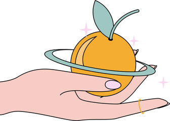 Flat illustration is showing hand holding orbited orange fruit, mint leaves, transparent background