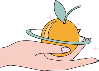 Fotobehang Flat illustration is showing hand holding orbited orange fruit, mint leaves, transparent background © vectorfusionart