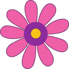 Flat vector flower is showing ten pink petals around purple yellow center on transparent background
