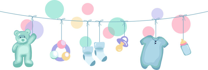 Nursery clothesline is showing pastel teddy, rattle, socks on transparent backdrop in flat style