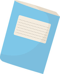 Showing stylized blue notebook tilting with cream label with dashed lines, transparent background