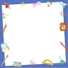 Featuring blue-framed slate panel showing pushpin, backpack on transparent background, copy space