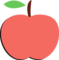 Flat cartoon-like apple is floating on transparent backdrop with coral-red body and green leaf