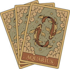 Three flat design zodiac cards on transparent background are showing swirling fish, clouds, stars