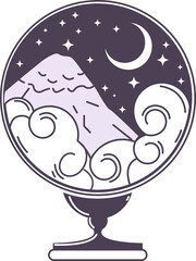 Fototapeta premium Flat design showing glass globe on pedestal with mountain, moon and stars, transparent background