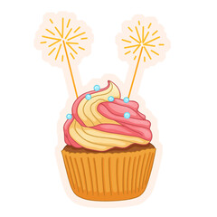 Cupcake is glowing with swirled frosting, sprinkles and sparklers in flat art on transparent layer