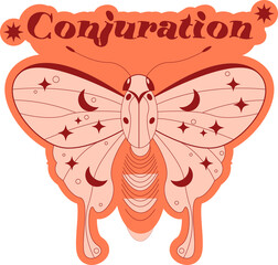 Stylized moth is flying in flat illustration on transparent background, showing Conjuration text