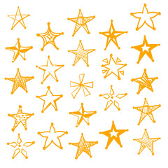 Displaying flat-design orange stars in transparent grid, showing unique hand-drawn doodle shapes
