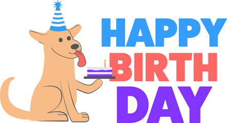 Cartoon dog with party hat is holding birthday cake by HAPPY BIRTHDAY text, transparent background