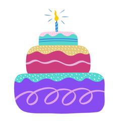Tiered cake is featuring pastel icing and striped candle in flat design on transparent background