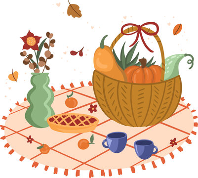 Fototapeta Flat design is showing basket with autumn produce, lattice pie and vase with transparent background