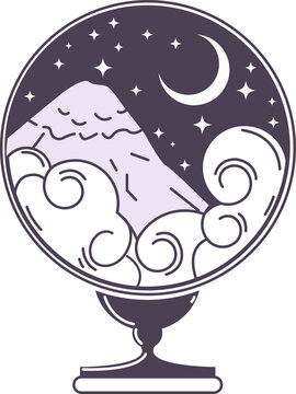 Naklejki Flat design showing glass globe on pedestal with mountain, moon  and  stars, transparent background
