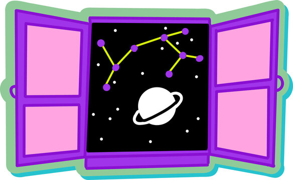 Naklejki 2D shuttered window showing ringed planet, constellation, stars, transparent background, copy space