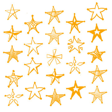 Naklejki Displaying flat-design orange stars in transparent grid, showing unique hand-drawn doodle shapes