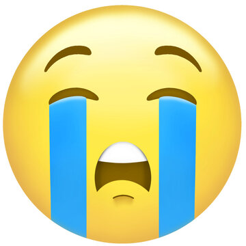 Stylized crying face emoji is appearing in vector style, with blue tears on transparent backdrop