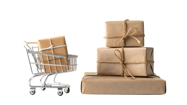 Brown paper packages in a shopping cart, isolated on white background