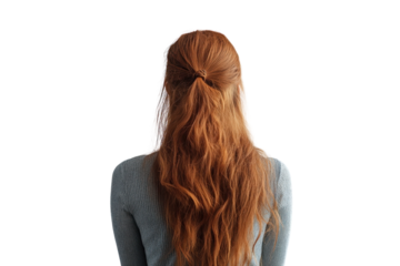 A vibrant auburn hair cascades down the back of a woman in quiet contemplation with a tied on transparent background