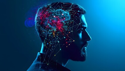 Obraz premium Profile view of a person with a network graphic overlaying their head.