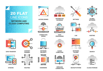 Vector set of network and cloud computing flat line web icons with grunge noise texture effect.