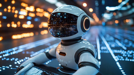 Robot analyzing data in server room with digital interface