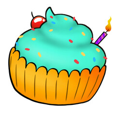 Cartoon cupcake is floating on transparent background, teal frosting, sprinkles, cherry, lit candle