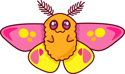 Flat design moth-like creature floating on transparent background, showing pink wings, orange body