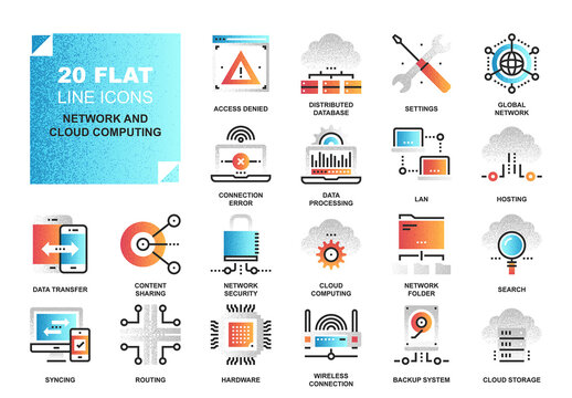 Vector set of network and cloud computing flat line web icons with grunge noise texture effect.