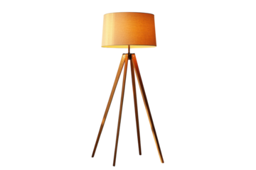 A warm and inviting glow emanates from a modern tripod floor lamp casting a cozy ambiance in on transparent background
