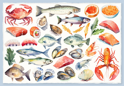Vector watercolor painted style - seafood clipart isolated on white background.