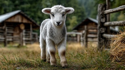 Obraz premium A single white lamb walking through a field of green, the background showing a gentle bokeh of livestock shapes