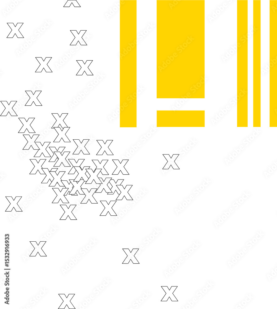 Poster flat design pattern is displaying white outlined x shapes and yellow bars on transparent background