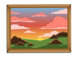 Flat framed design is showing green hills under pink-white clouds on transparent background