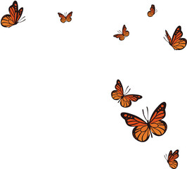 Monarch-inspired orange butterflies are fluttering in vector with outlines and transparent backdrop