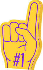 Yellow flat cartoon foam finger is featuring purple outline and #1 text on transparent background