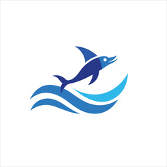 Naklejka premium Blue dolphin leaping over stylized waves on a white background art